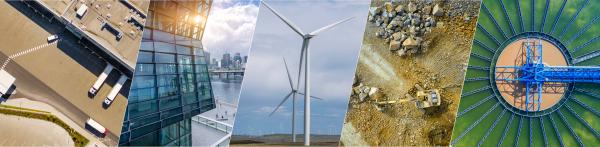Composite image of modern high rise building, a wind farm, and ore resources