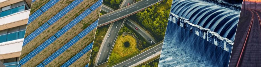 Composite image of solar panels, roads and hydro structures